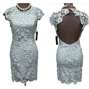 Lulu's Mini Dress Sz M Light Blue Floral Lace Overlay Backless Romance Language